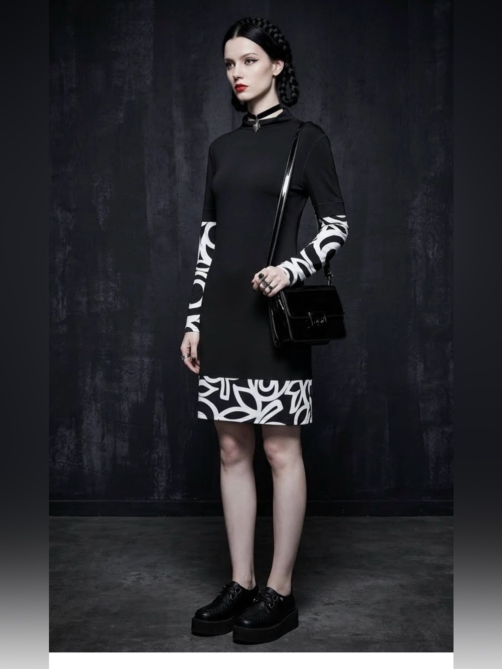 Eva Varro Mock Neck Dress Black White Abstract Geometric Print Blocked Mod M